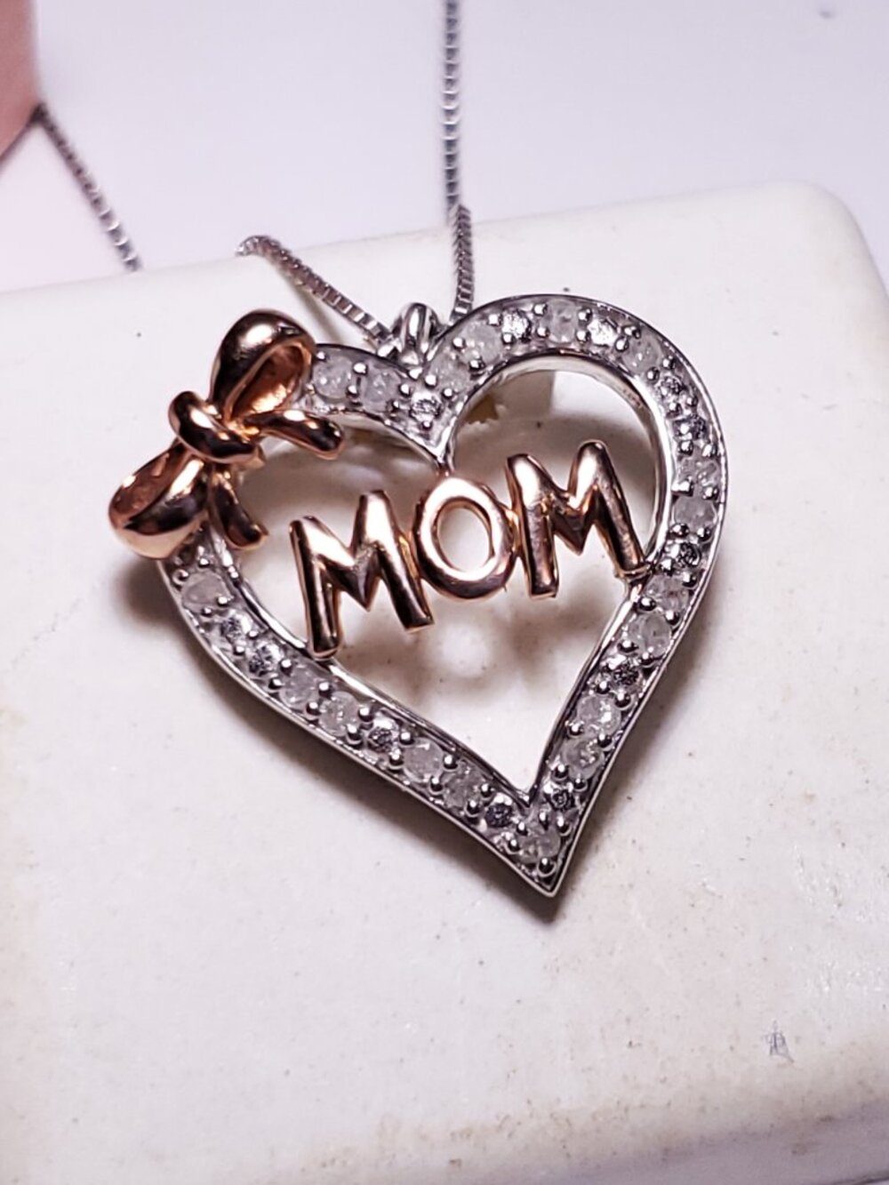 Estate .30ctw Natural Diamond open MOM Sterling/14Kt RoseGold Heart Pendant24257